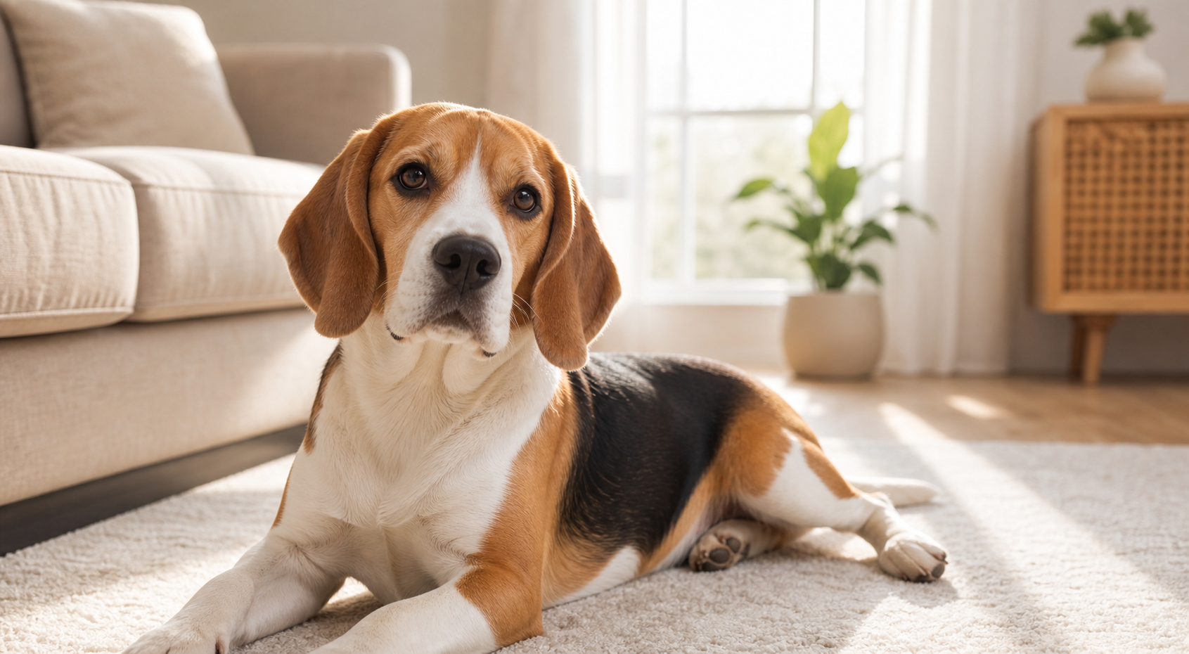 A relaxed tri-color beagle in a warm living room