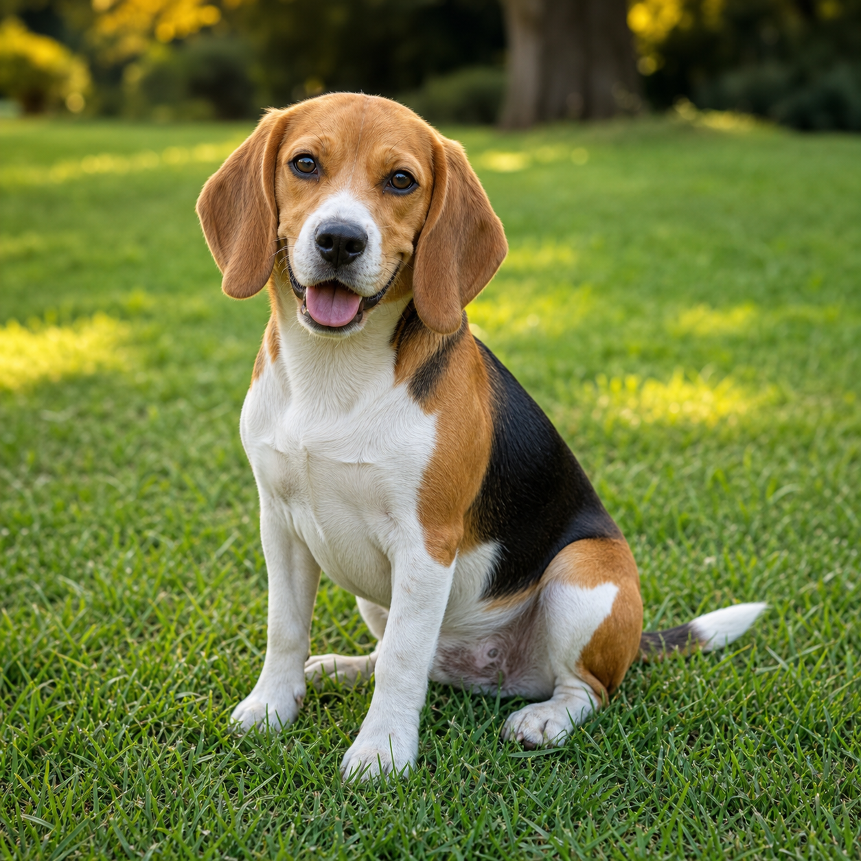 A happy beagle sitting on grass in a park