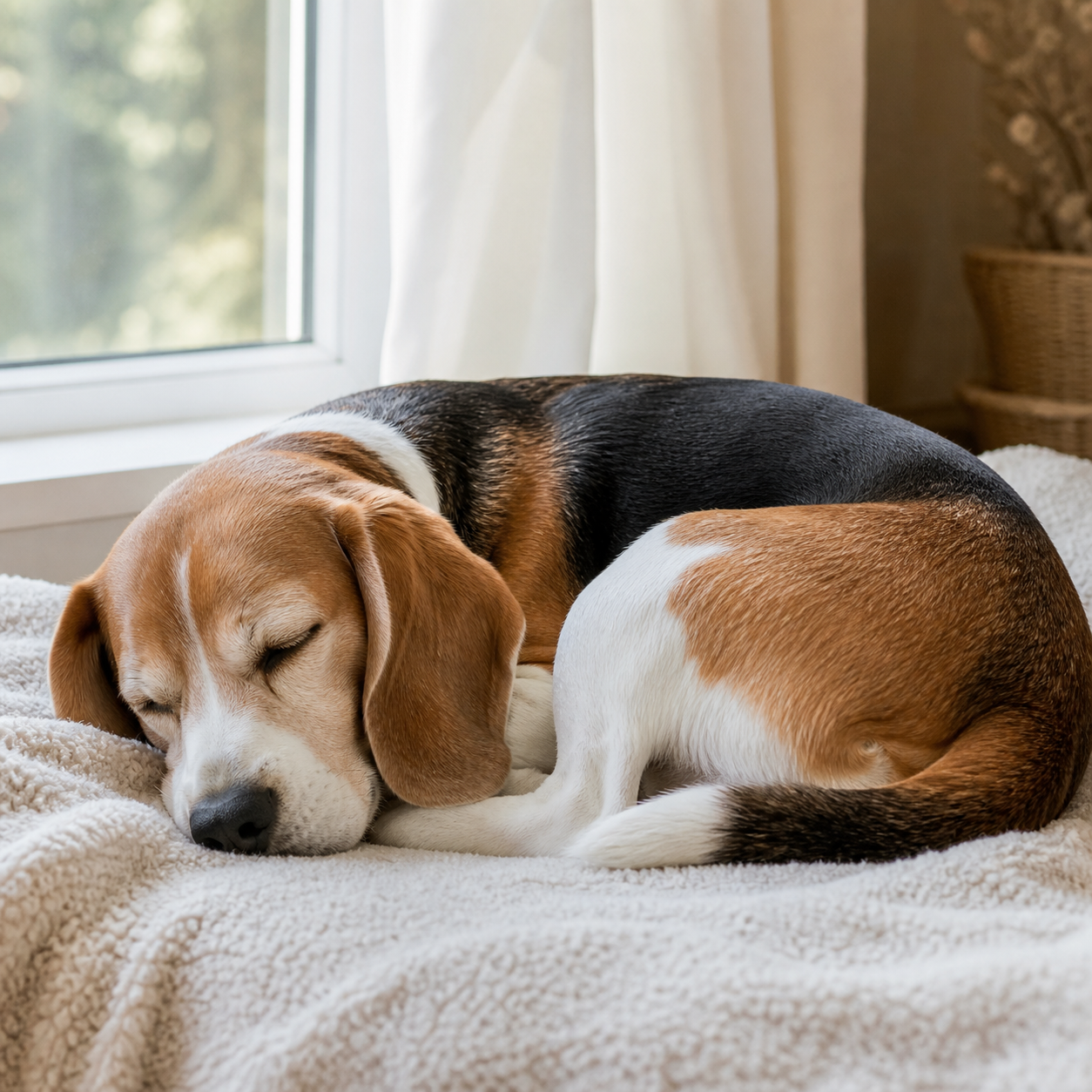A playful beagle lying near a rope toy indoors